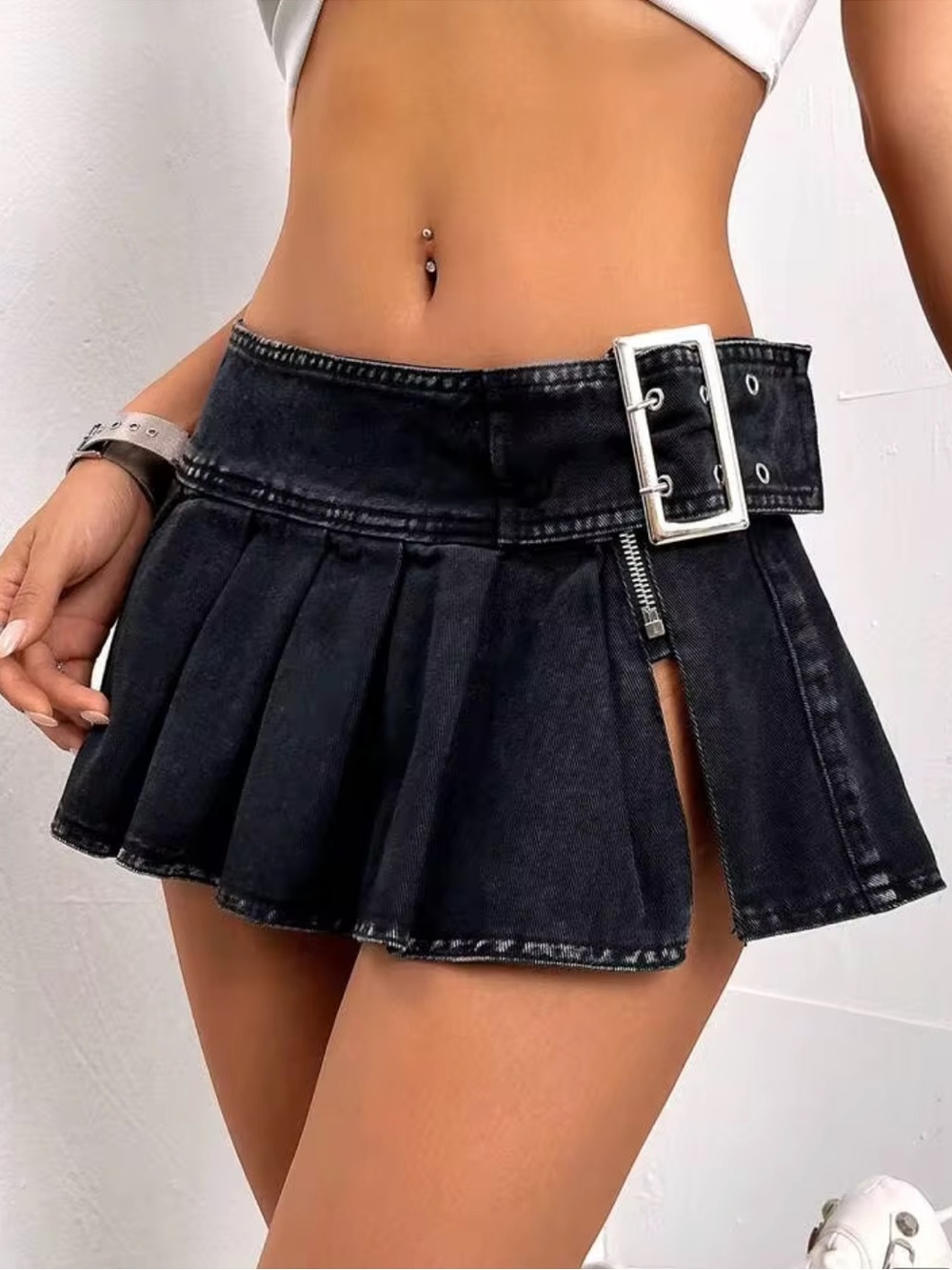 Black Pleated Micro Skirt with Buckle Detail